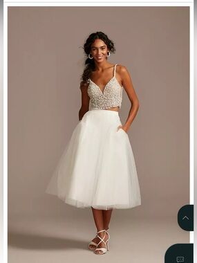 DABID’s Bridal Beaded Crop Top Tulle Midi Skirt Two-Piece Dress in White